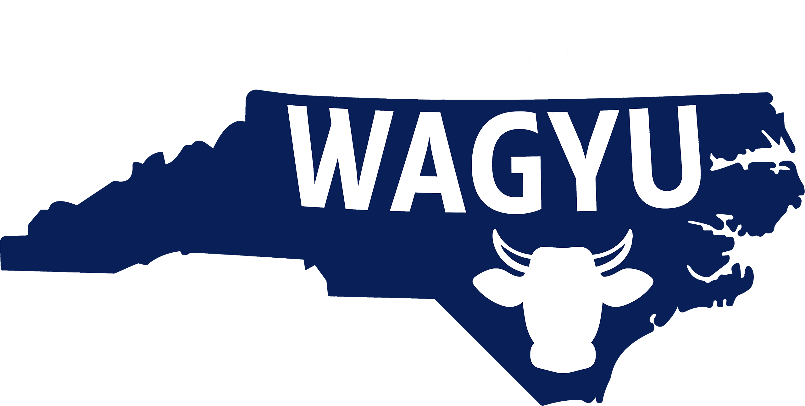 Outline of North Carolina in blue with the words “Carolina Wagyu” and a stylized cow head graphic inside the state shape.